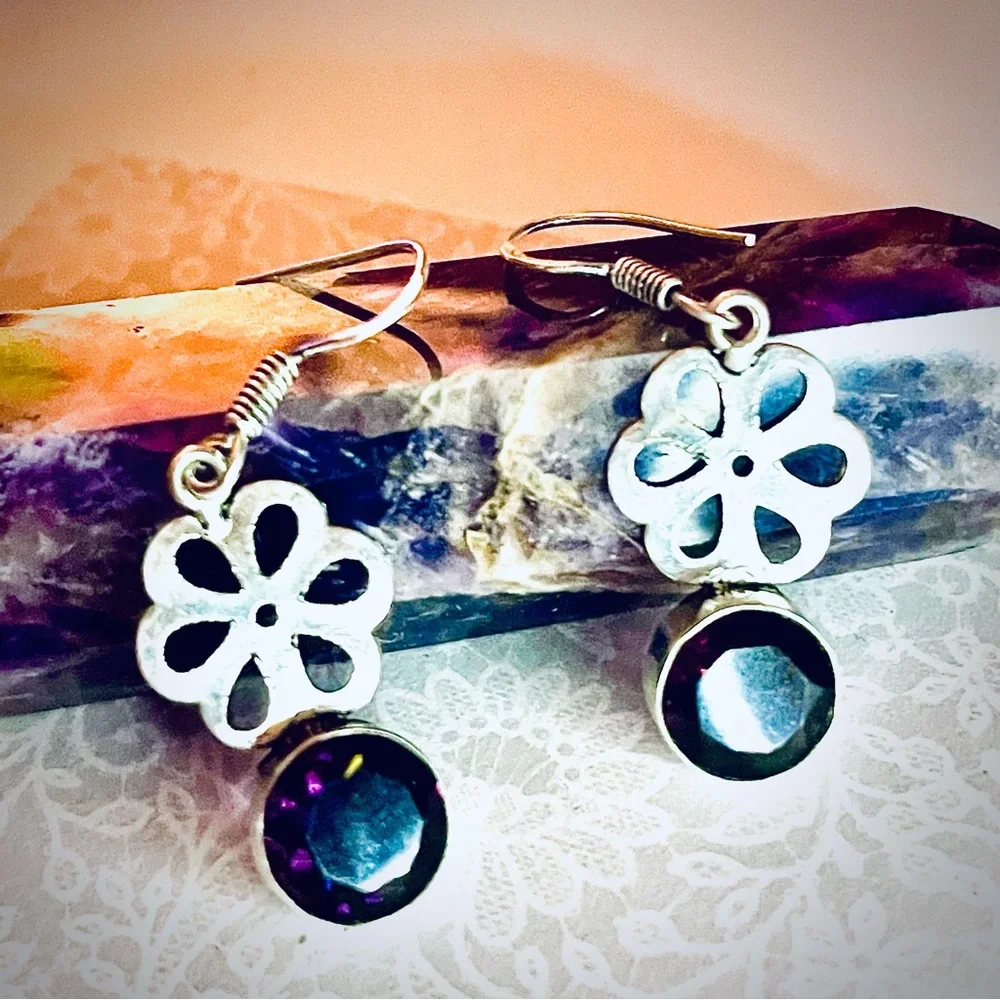 New Artisan 925 Sterling Silver Natural Amethyst Gem Daisy Handmade Earrings